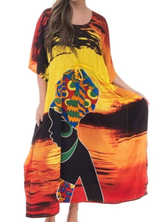 Rivieras Other - Riviera Sun African Gele Goddess Sunset Graphic Long Maxi Cover Up Kaftan SZ XL